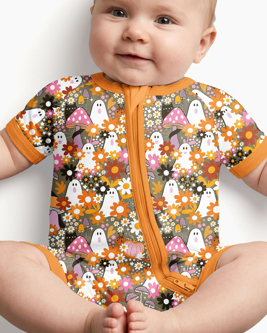 Retro Ghost Mushroom Floral Halloween Bamboo Shorty Zippy