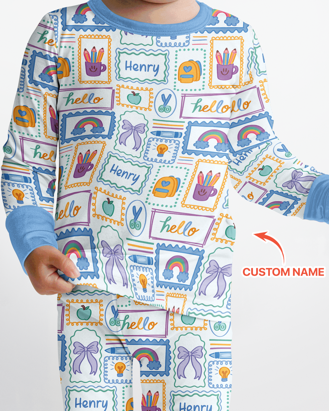 Custom Name Hello School Bamboo Two Piece Long Sleeve Pajama Set