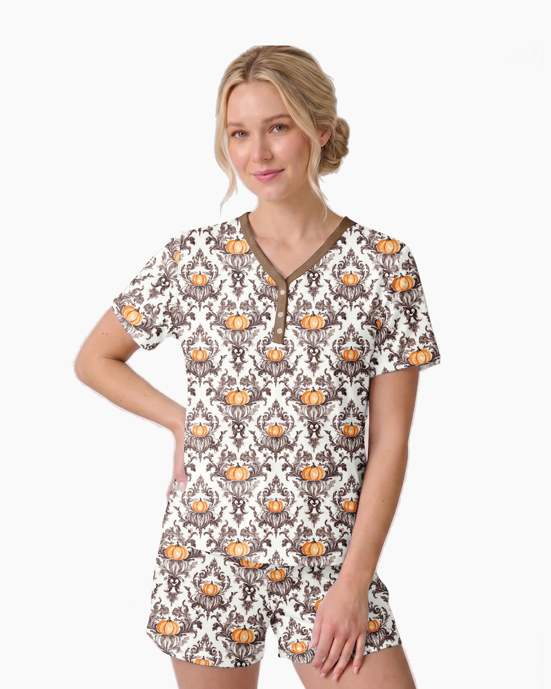 Pumpkin Toile Family Matching Bamboo Women Short Sleeve Short Pajama Set
