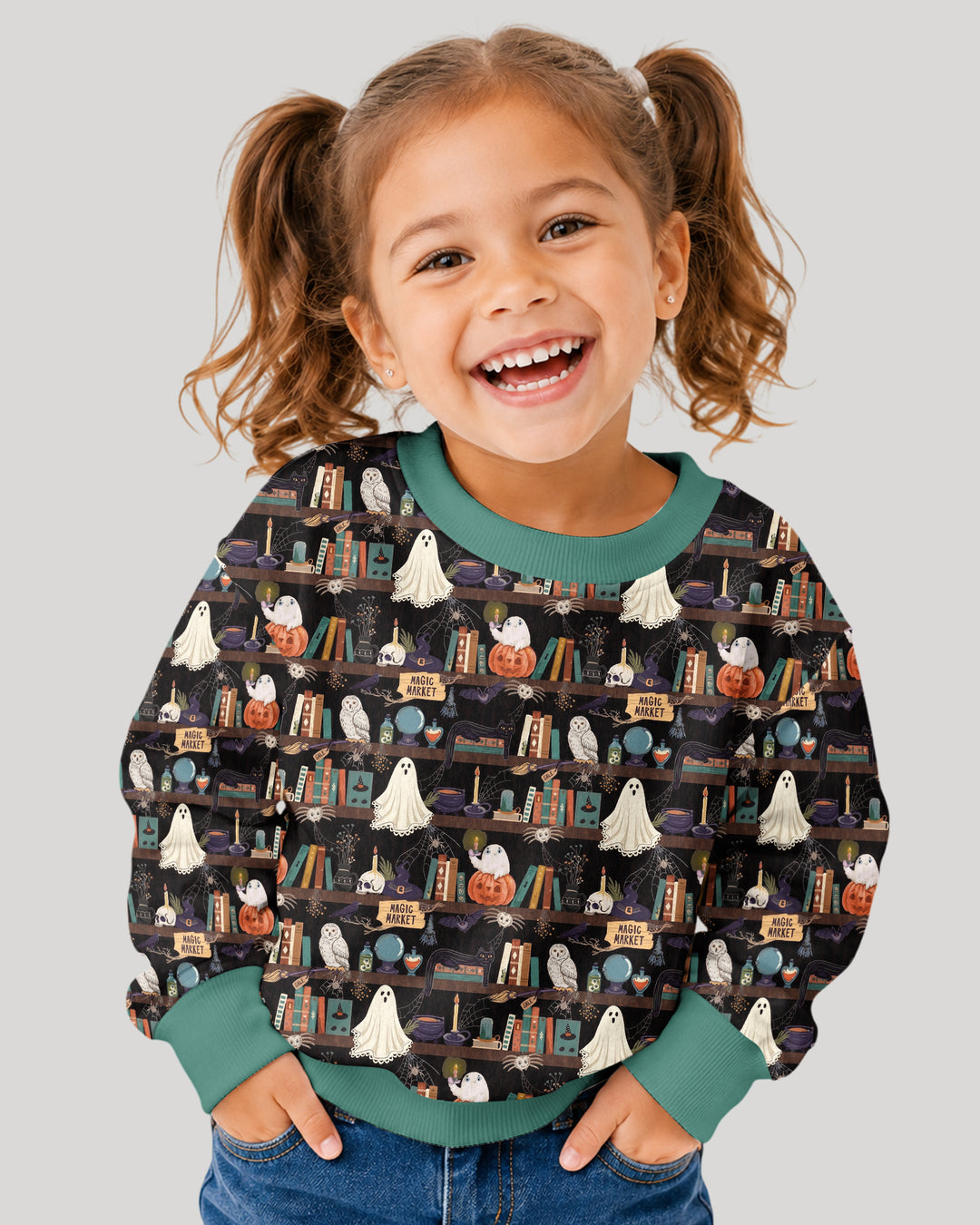 Cute Ghost Witchy Halloween Magic Library Bamboo Crewneck Sweatshirt