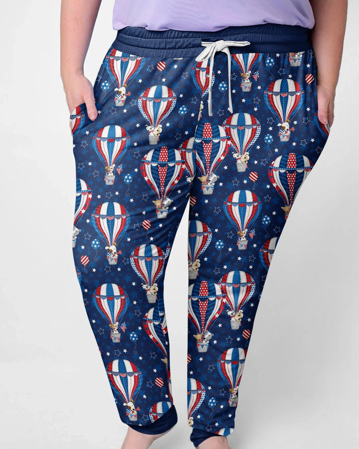 Patriotische Welpen in Heißluftballons Familien-Pyjama-Set aus Bambus für Damen