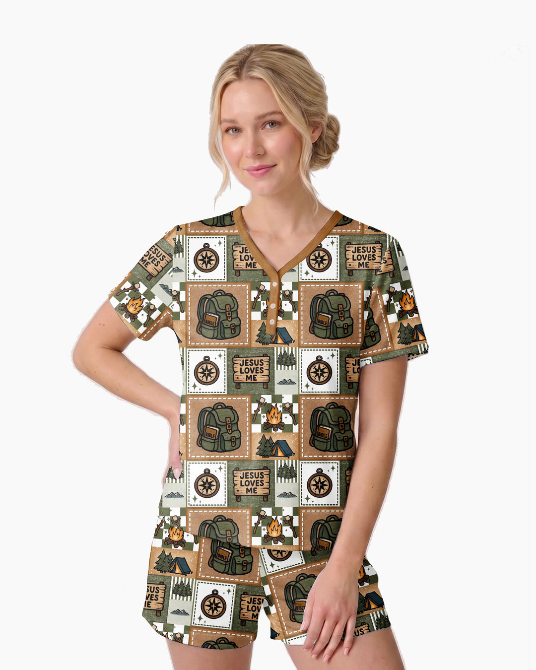 Camping Jesus Loves Me Bamboo Women Short Sleeve Short Pajama Set