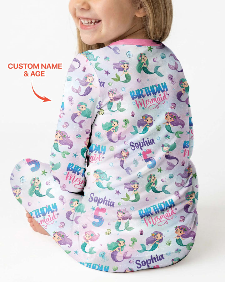 Custom Name and Age Birthday Mermaid Bamboo Two Piece Long Sleeve Pajama Set