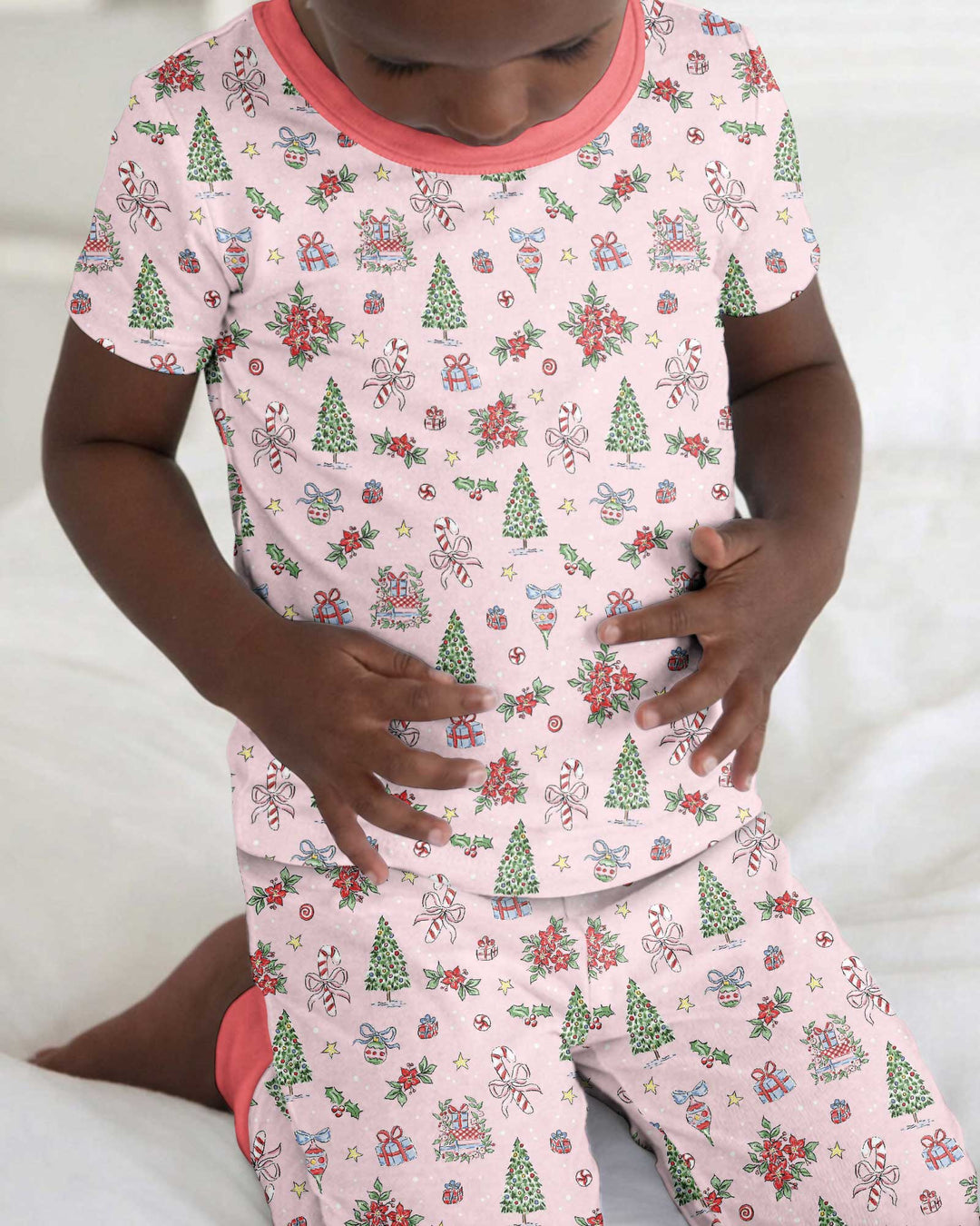 Watercolor Pink Christmas Holidays Christmas Tree Gifts Candy Cane Bamboo Two Piece Short Sleeve Pajama Set
