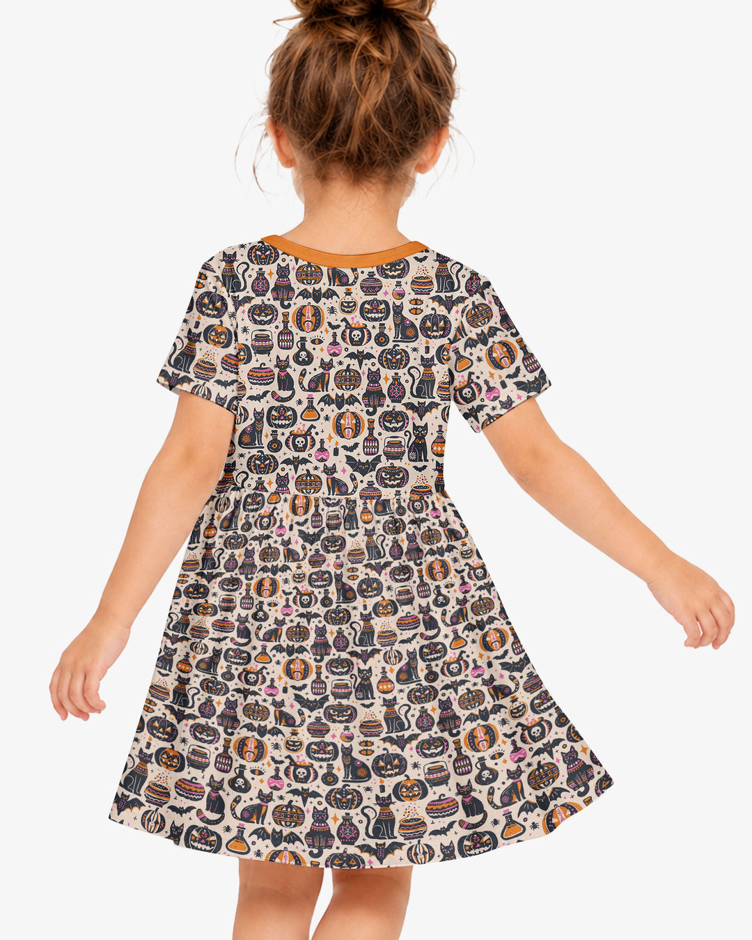 Whimsical Tribal Retro Halloween Black Cats Pumpkins Bamboo Twirl Dress