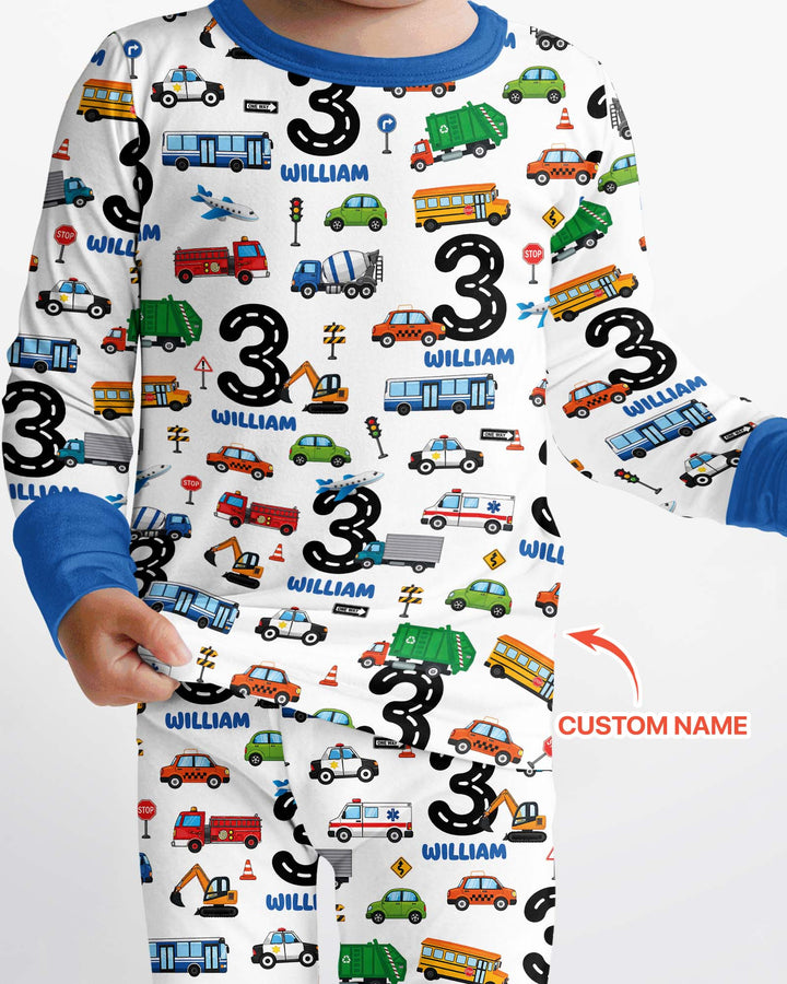 Personalized Birthday Boy Transportation Vehicles Bamboo Two Piece Long Sleeve Pajama Set