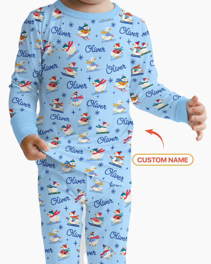 Custom Name Skiing Goose Bamboo Two Piece Long Sleeve Pajama Set