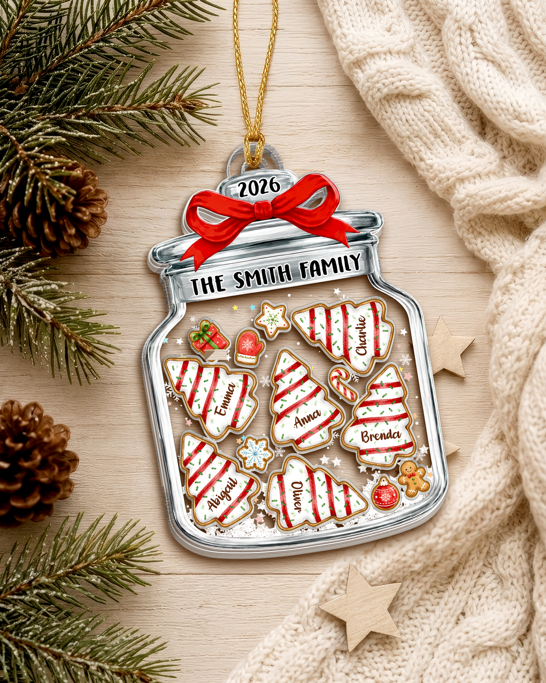 Family Christmas Tree Cake Jar Shaker Ornament