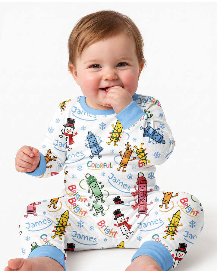 Custom Name Bright & Colorful Bamboo Two Piece Long Sleeve Pajama Set