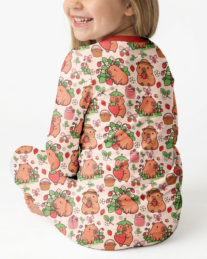 Capybara Strawberry Bamboo Two Piece Long Sleeve Pajama Set