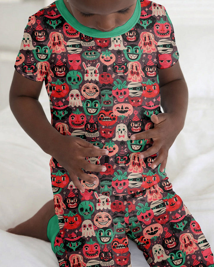 Retro Halloween Monsters Ghost Pumpkin Mummy Bamboo Two Piece Short Sleeve Pajama Set