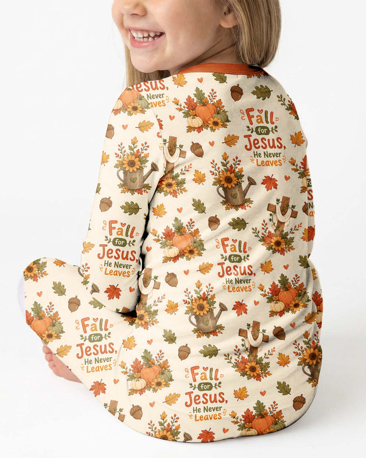 Fall For Jesus He Never Leaves Bamboo Two Piece Long Sleeve Pajama Set