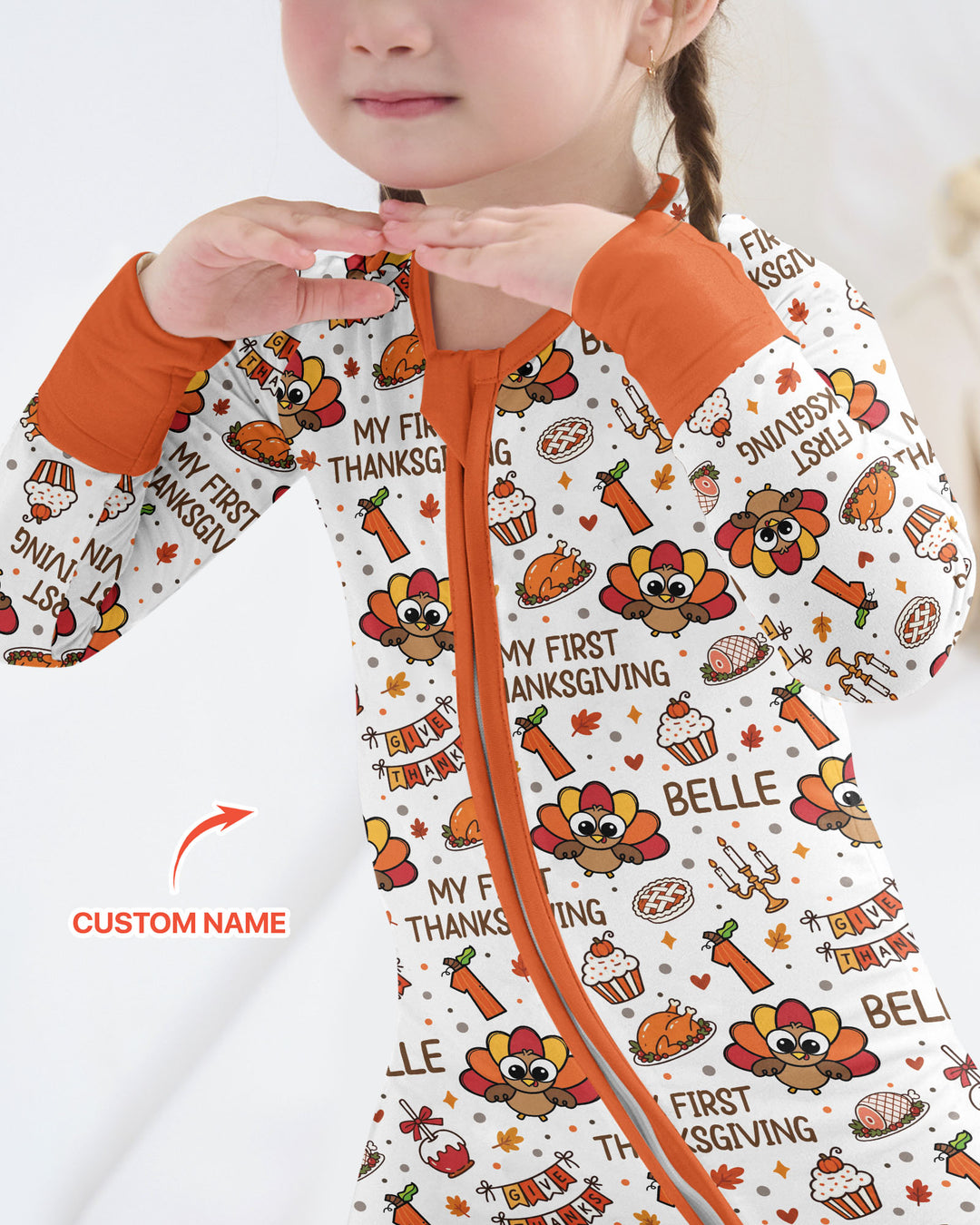 Custom Name Doodle Turkey My First Thanksgiving Bamboo Convertible Zippy