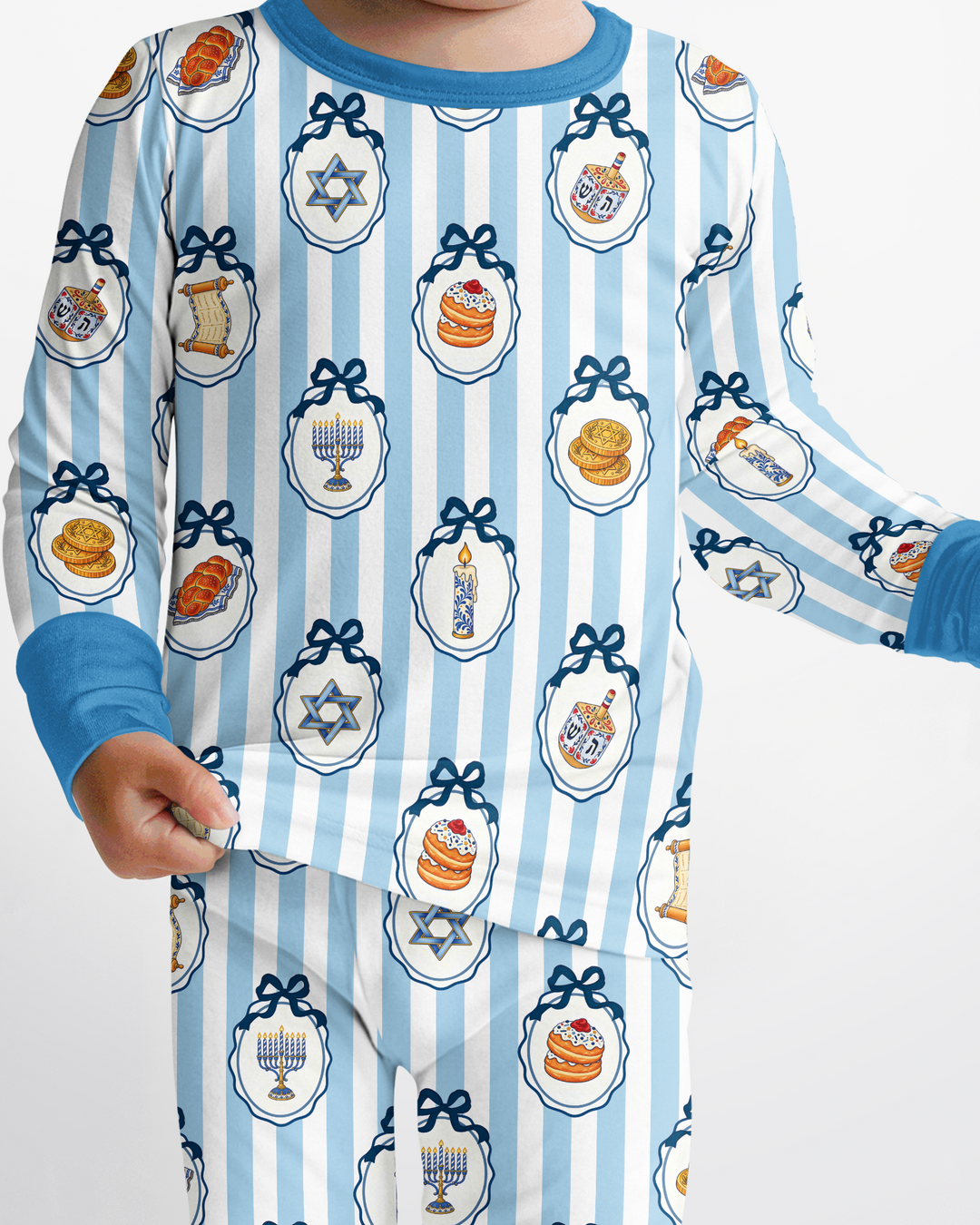 Blue White Jewish Holiday Bamboo Two Piece Long Sleeve Pajama Set