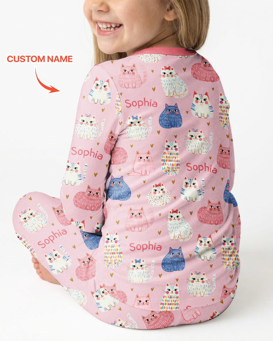 Custom Name Cute Pastel Cat Bamboo Two Piece Long Sleeve Pajama Set