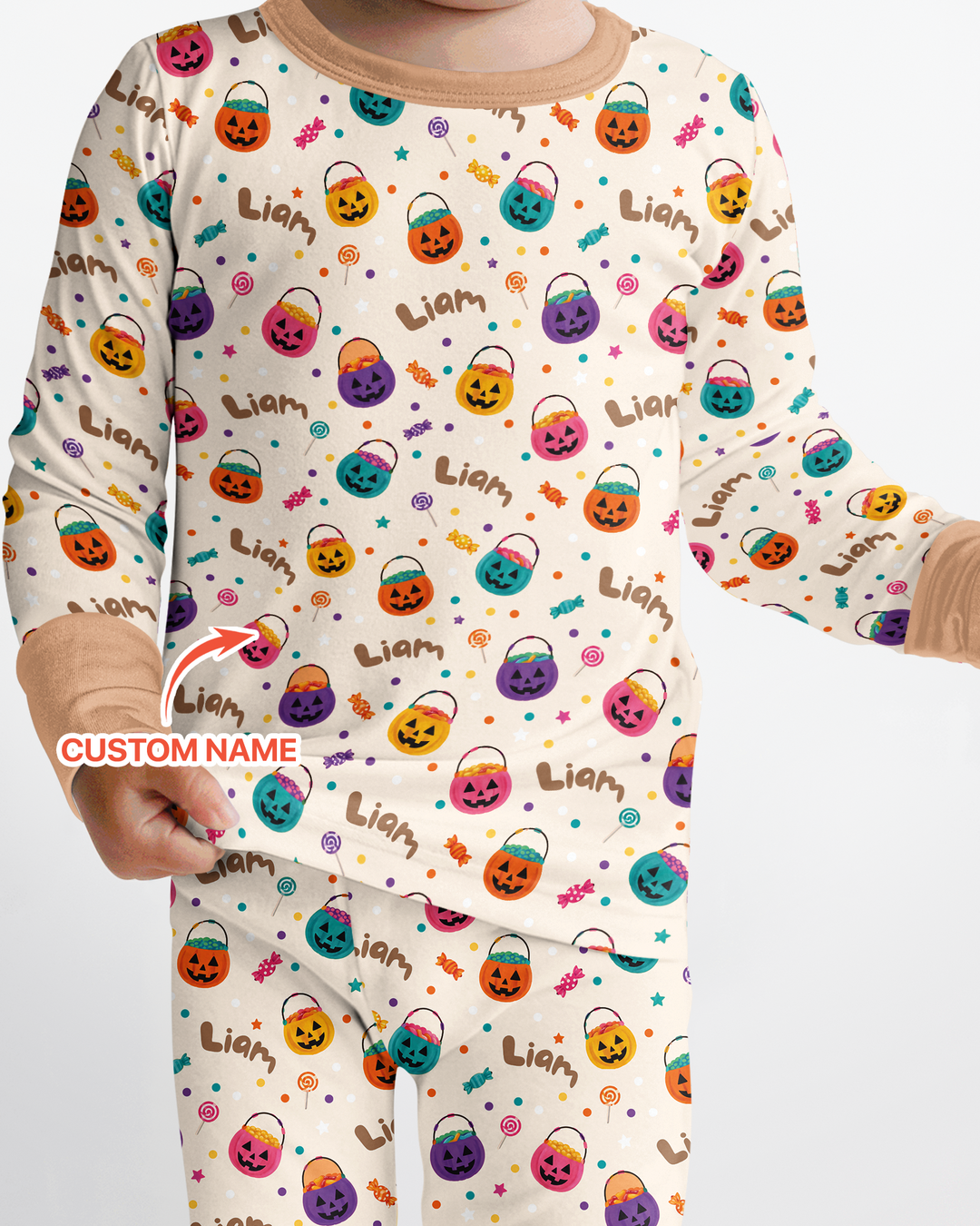 Custom Colorful Trick Or Treat Halloween Candy Bag Bamboo Two Piece Long Sleeve Pajama Set