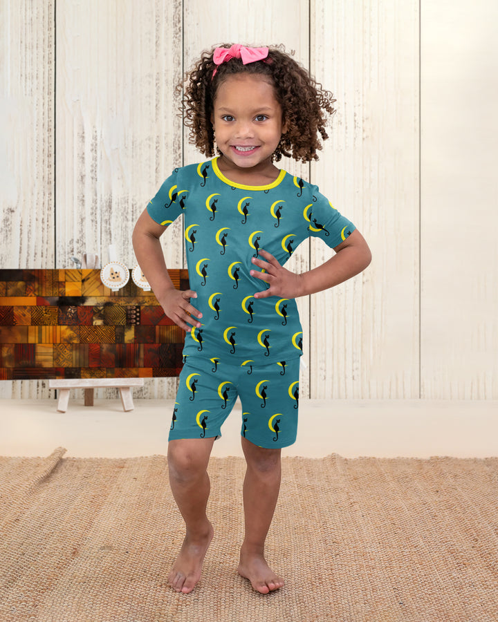Black Cat Crescent Moon Celestial Night Bamboo Two Piece Short Sleeve Shorts Pajama Set