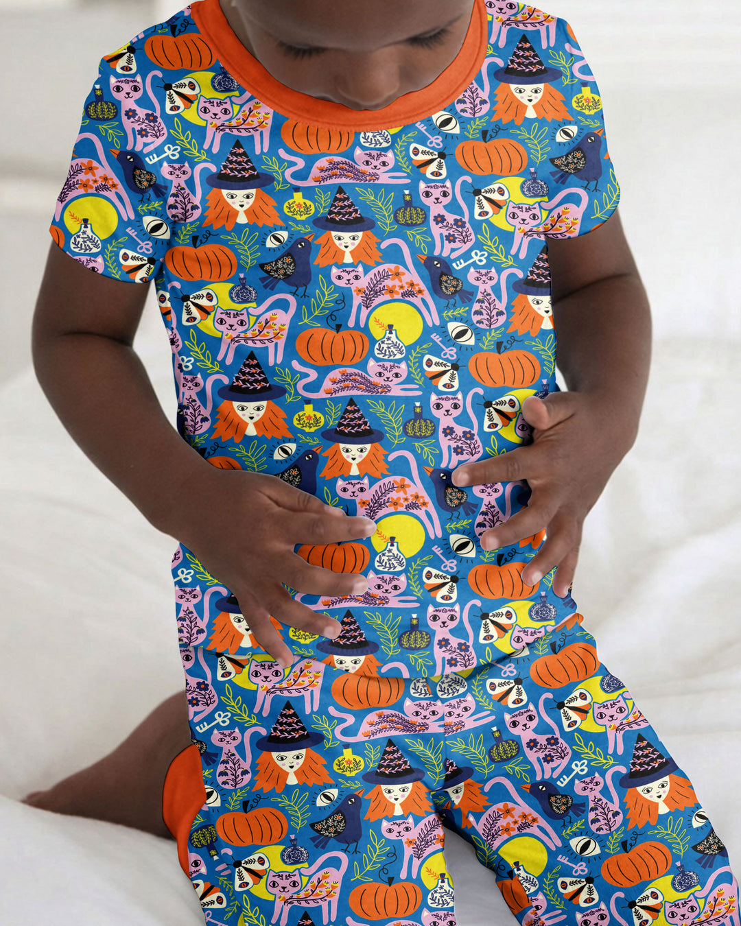 Whimsical Witch Cats Bamboo Two Piece Short Sleeve Pajama Set