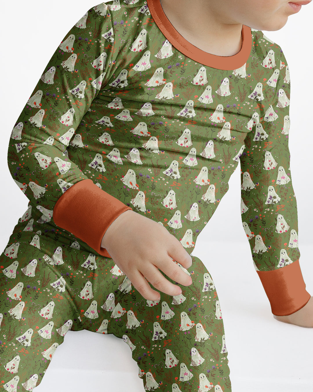 Cute Ghost Halloween Moss Green Floral Bamboo Two Piece Long Sleeve Pajama Set