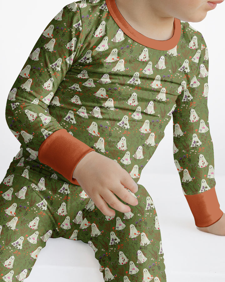 Cute Ghost Halloween Moss Green Floral Bamboo Two Piece Long Sleeve Pajama Set
