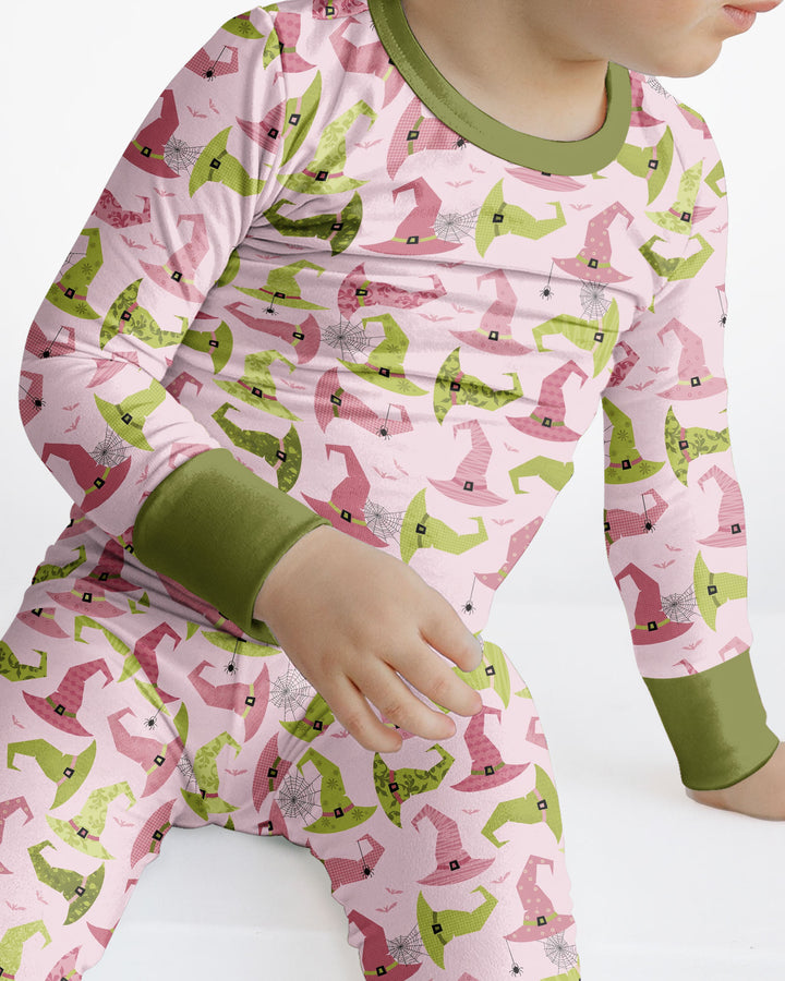 Pink Witch Hat Halloween Bamboo Two Piece Long Sleeve Pajama Set