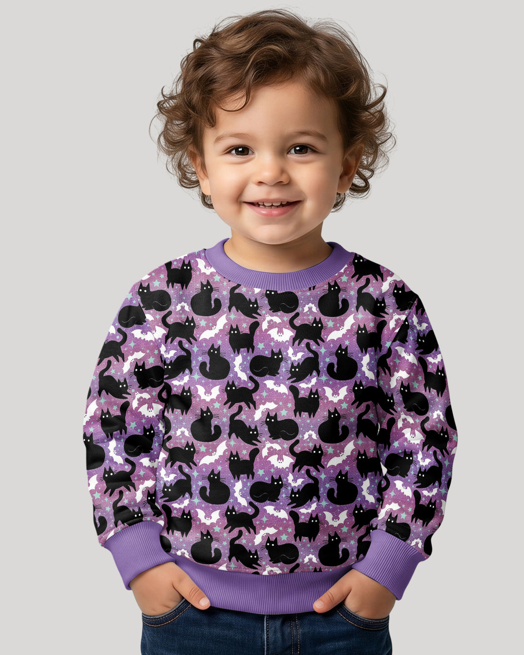 Spooky Black Cat Halloween Purple Bats Bamboo Crewneck Sweatshirt