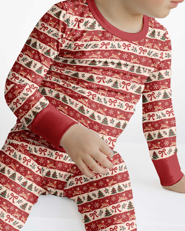 Vintage Reindeer Christmas Stripes Bamboo Two Piece Long Sleeve Pajama Set
