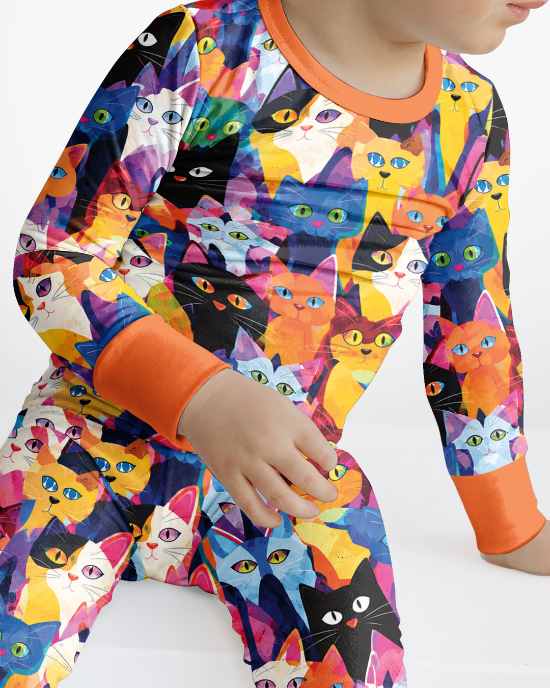 Cartoon Abstract Kitten Pattern Bamboo Two Piece Long Sleeve Pajama Set