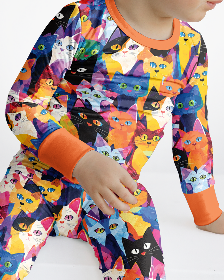 Cartoon Abstract Kitten Pattern Bamboo Two Piece Long Sleeve Pajama Set