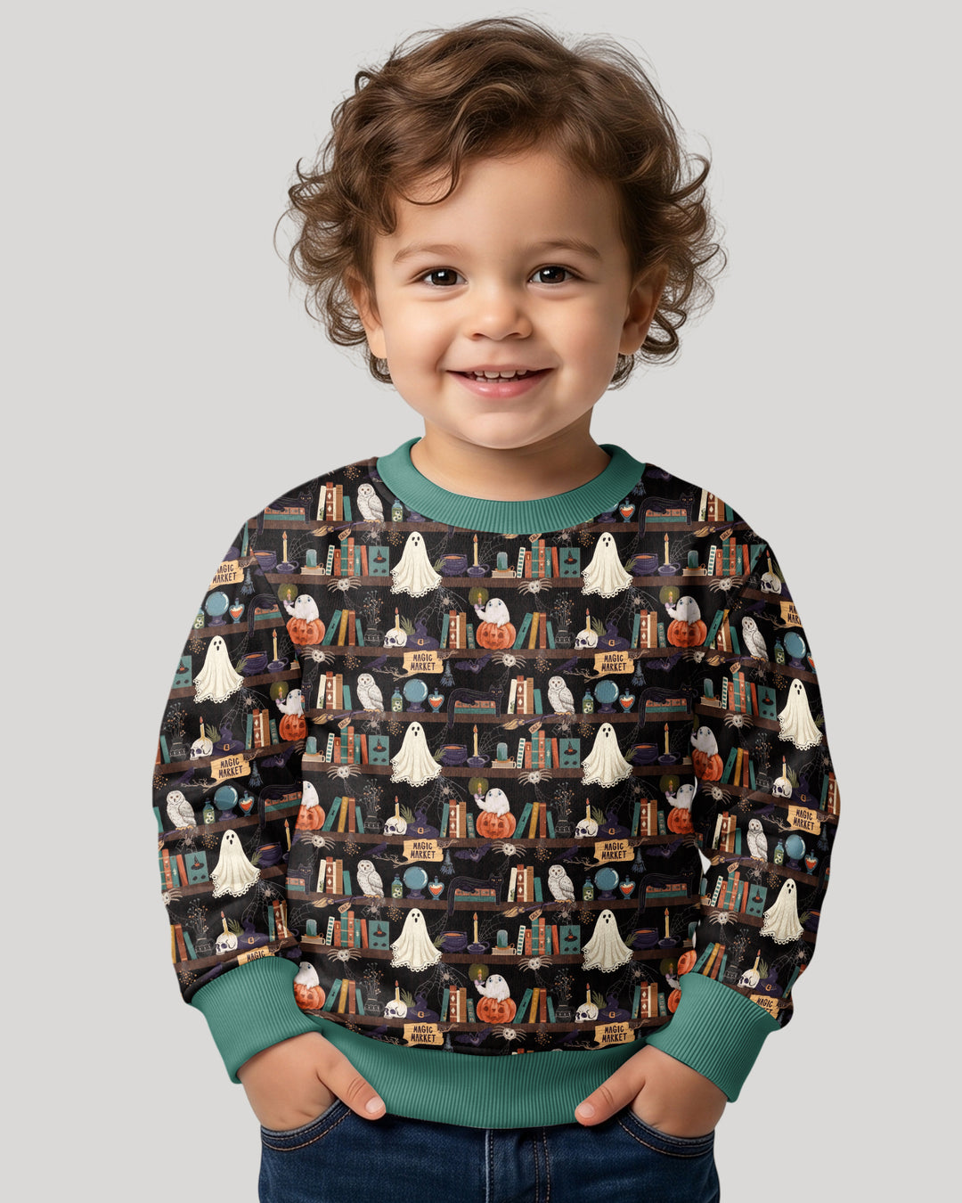 Cute Ghost Witchy Halloween Magic Library Bamboo Crewneck Sweatshirt