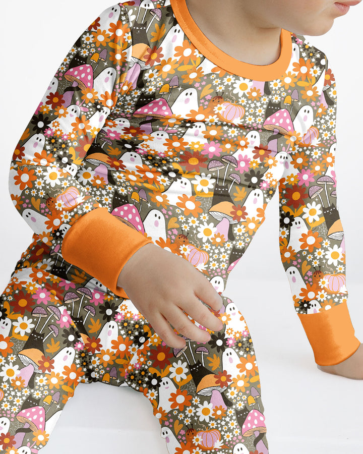 Retro Ghost Mushroom Floral Halloween Bamboo Two Piece Long Sleeve Pajama Set