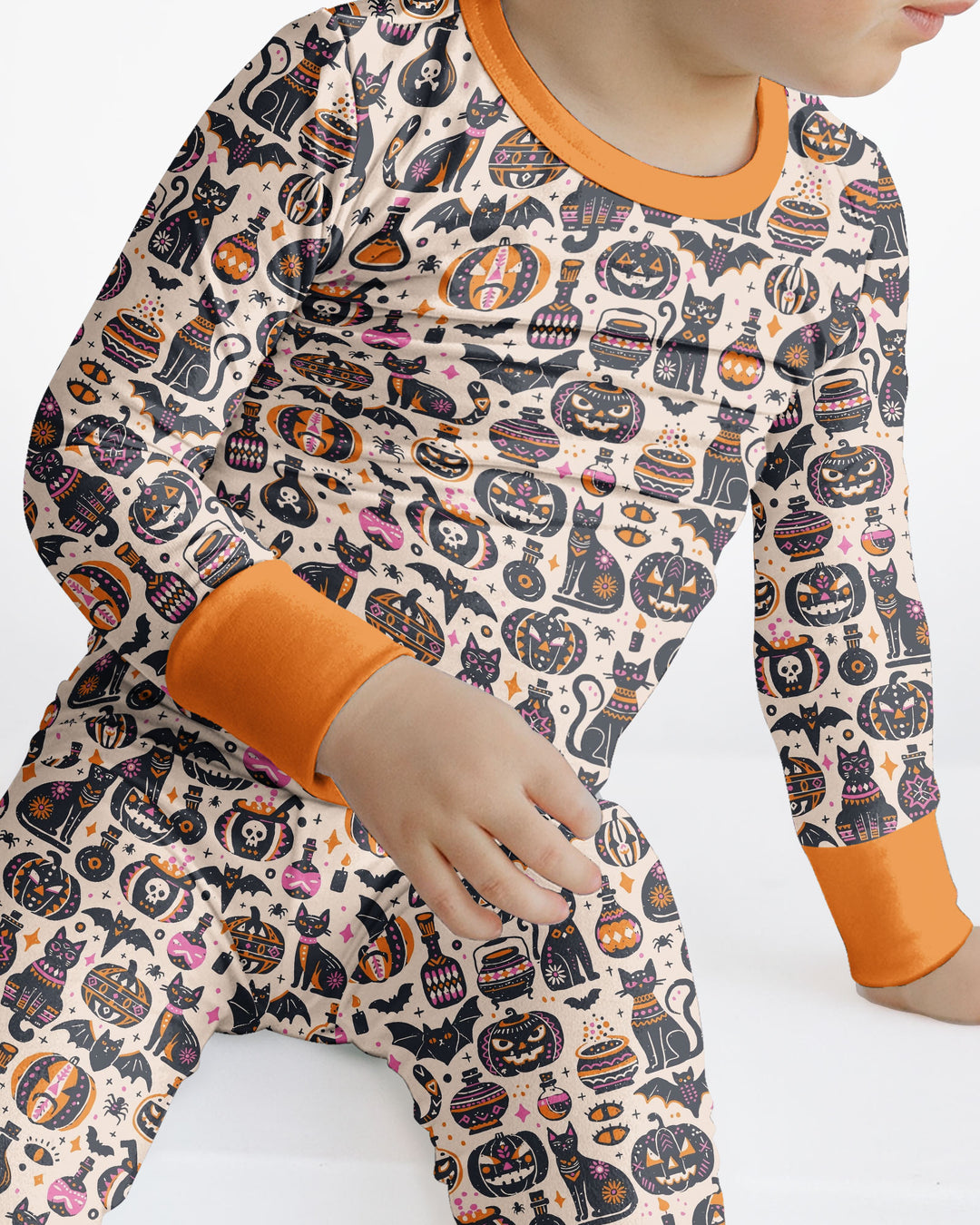 Whimsical Tribal Retro Halloween Black Cats Pumpkins Bamboo Two Piece Long Sleeve Pajama Set