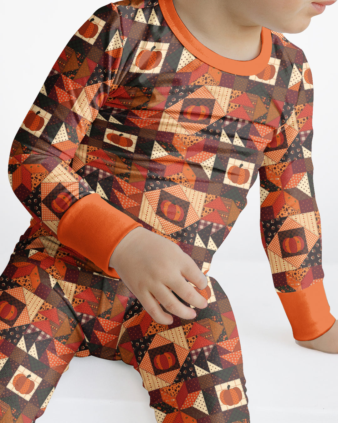 Vintage Pumpkin Patchwork Fall Bamboo Two Piece Long Sleeve Pajama Set