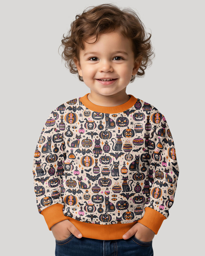 Whimsical Tribal Retro Halloween Black Cats Pumpkins Bamboo Crewneck Sweatshirt