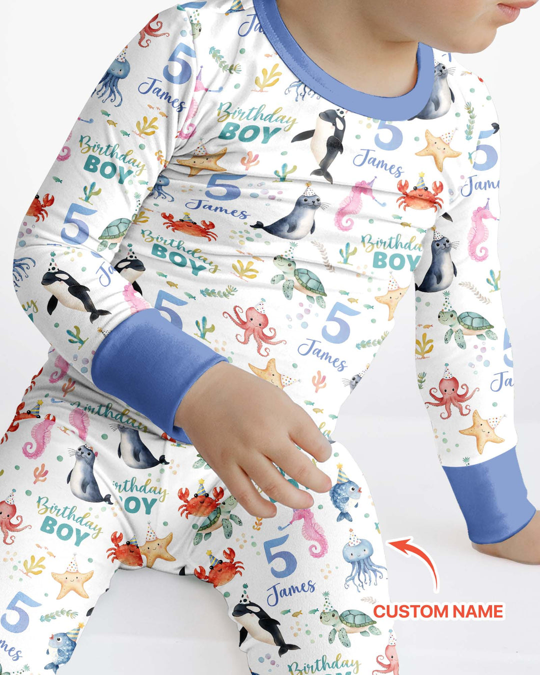 Birthday Under The Sea Custom Name & Age Bamboo Two Piece Long Sleeve Pajama Set