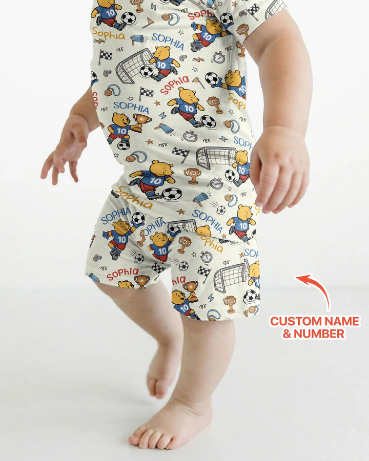 Personalized Classic Bear World Soccer Bamboo Two Piece Short Sleeve Shorts Pajama Set
