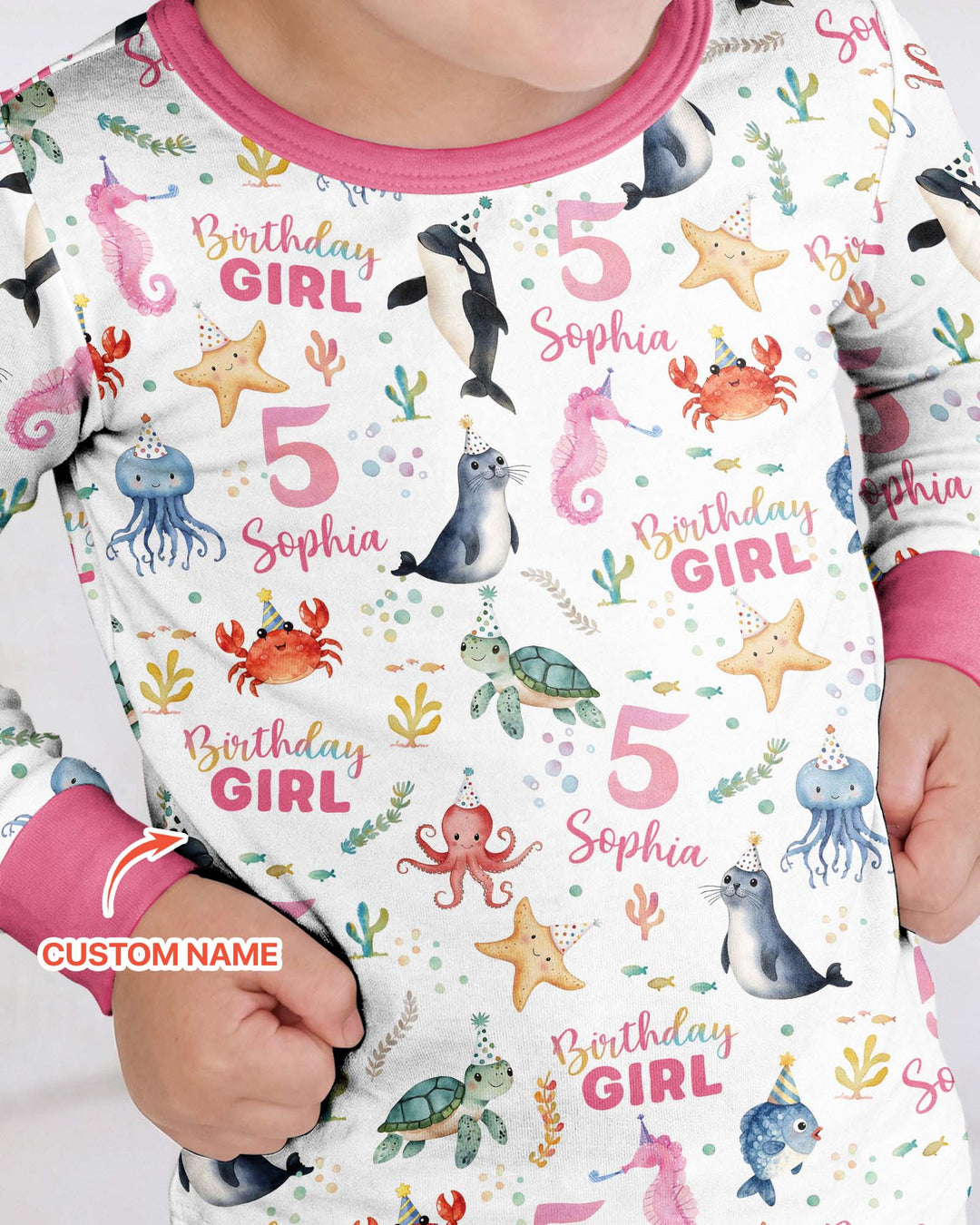 Birthday Under The Sea Custom Name & Age Bamboo Two Piece Long Sleeve Pajama Set
