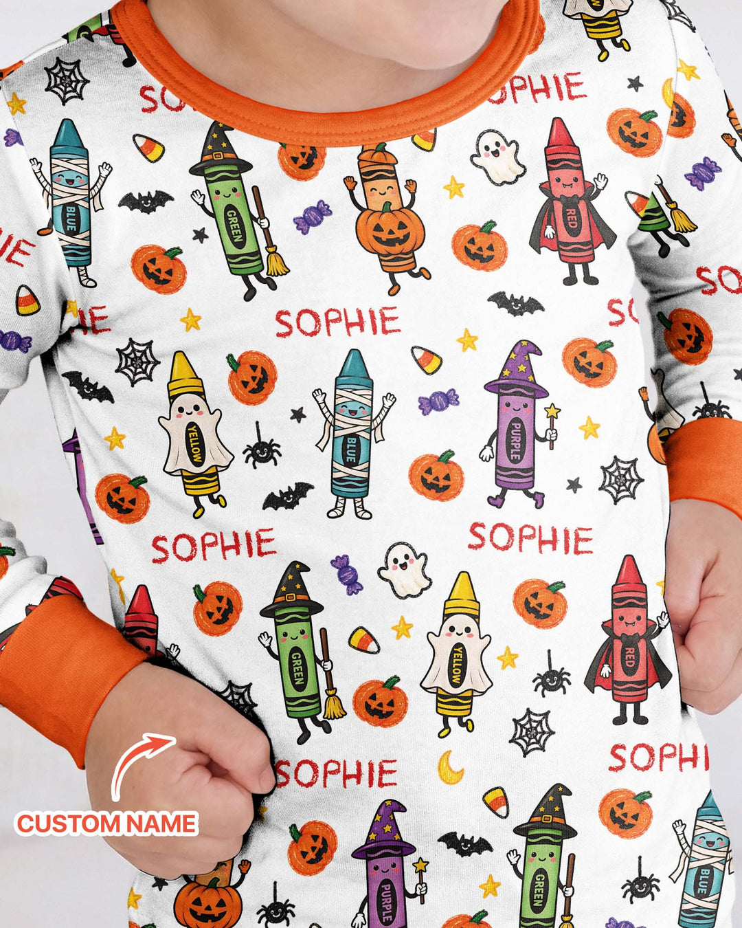 Custom Name Halloween Crayon Bamboo Two Piece Long Sleeve Pajama Set