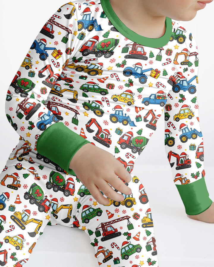 Excavator Christmas Trucks Bamboo Two Piece Long Sleeve Pajama Set