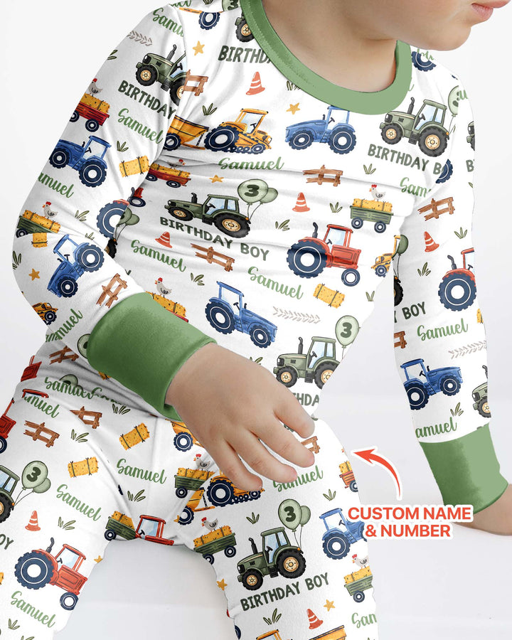Custom Name and Age Tractor Birthday Boy Bamboo Two Piece Long Sleeve Pajama Set