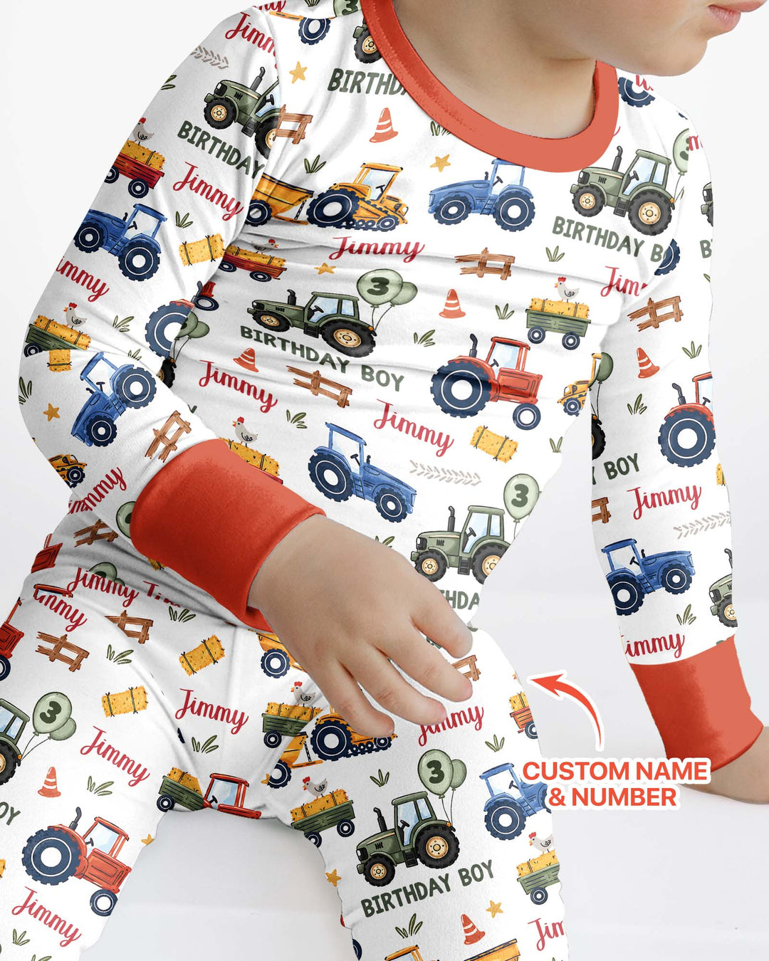 Custom Name and Age Tractor Birthday Boy Bamboo Two Piece Long Sleeve Pajama Set