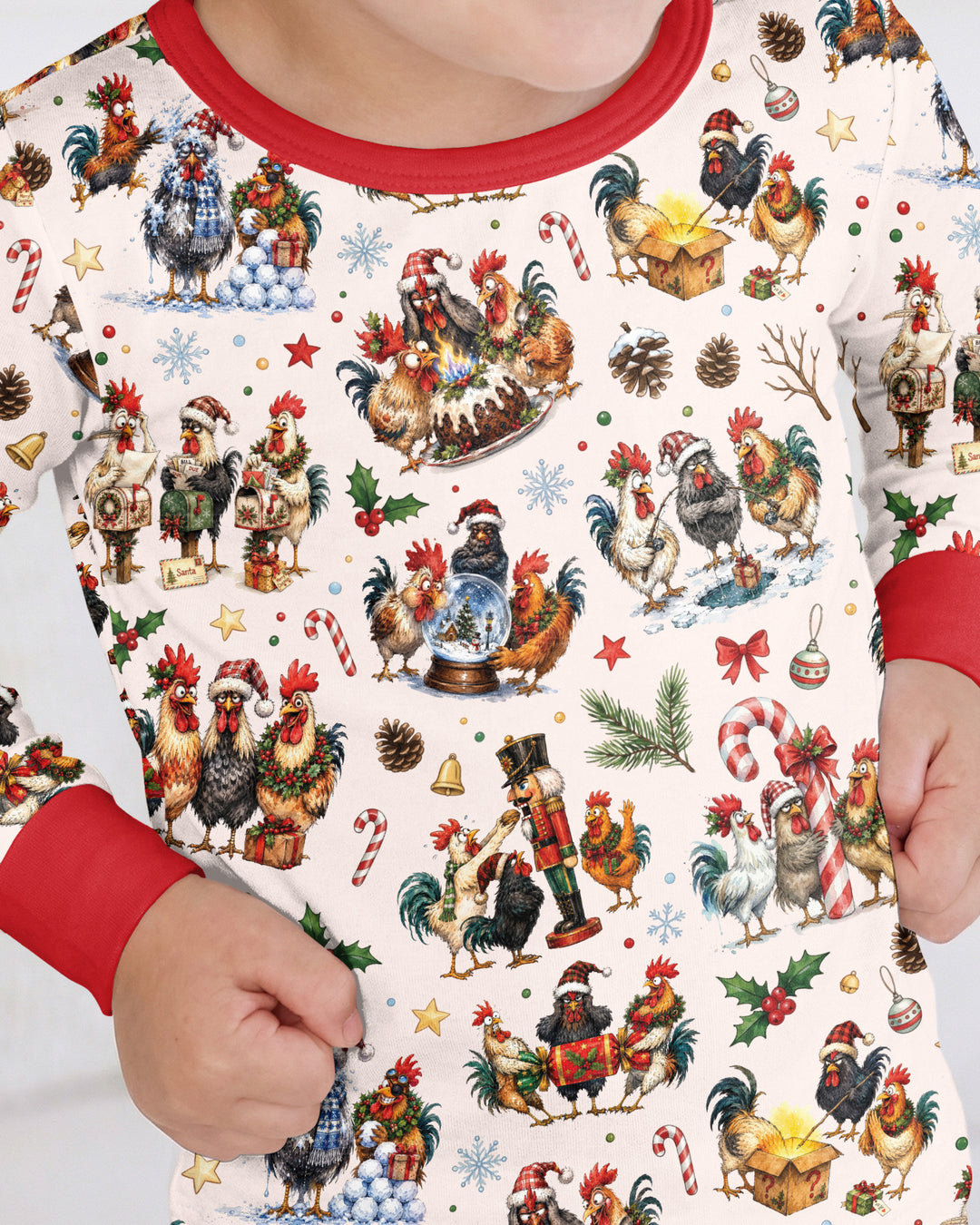 Funny Roosters On Christmas Bamboo Two Piece Long Sleeve Pajama Set
