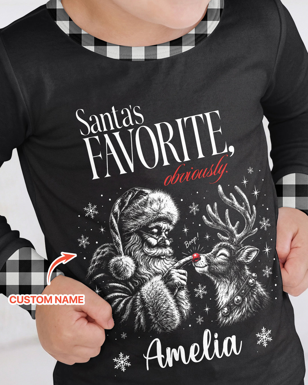 Custom Name Santa's Favorite Buffalo Plaid Bamboo Two Piece Long Sleeve Pajama Set