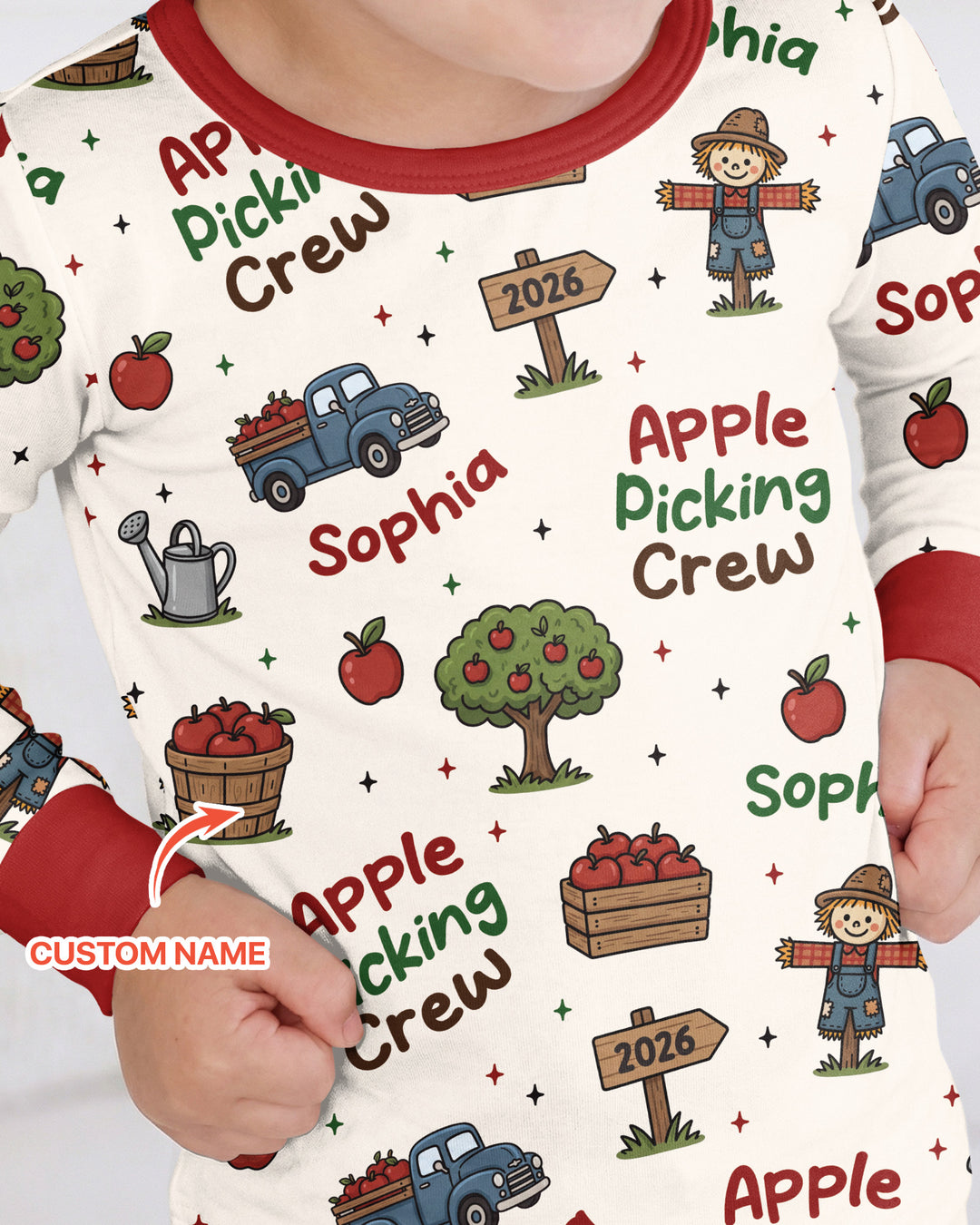 Custom Name Apple Picking Crew Bamboo Two Piece Long Sleeve Pajama Set