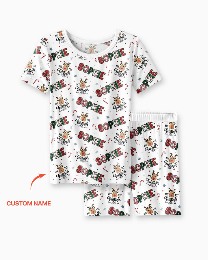 Custom Name My First Christmas 2026 Bamboo Two Piece Short Sleeve Shorts Pajama Set (G)