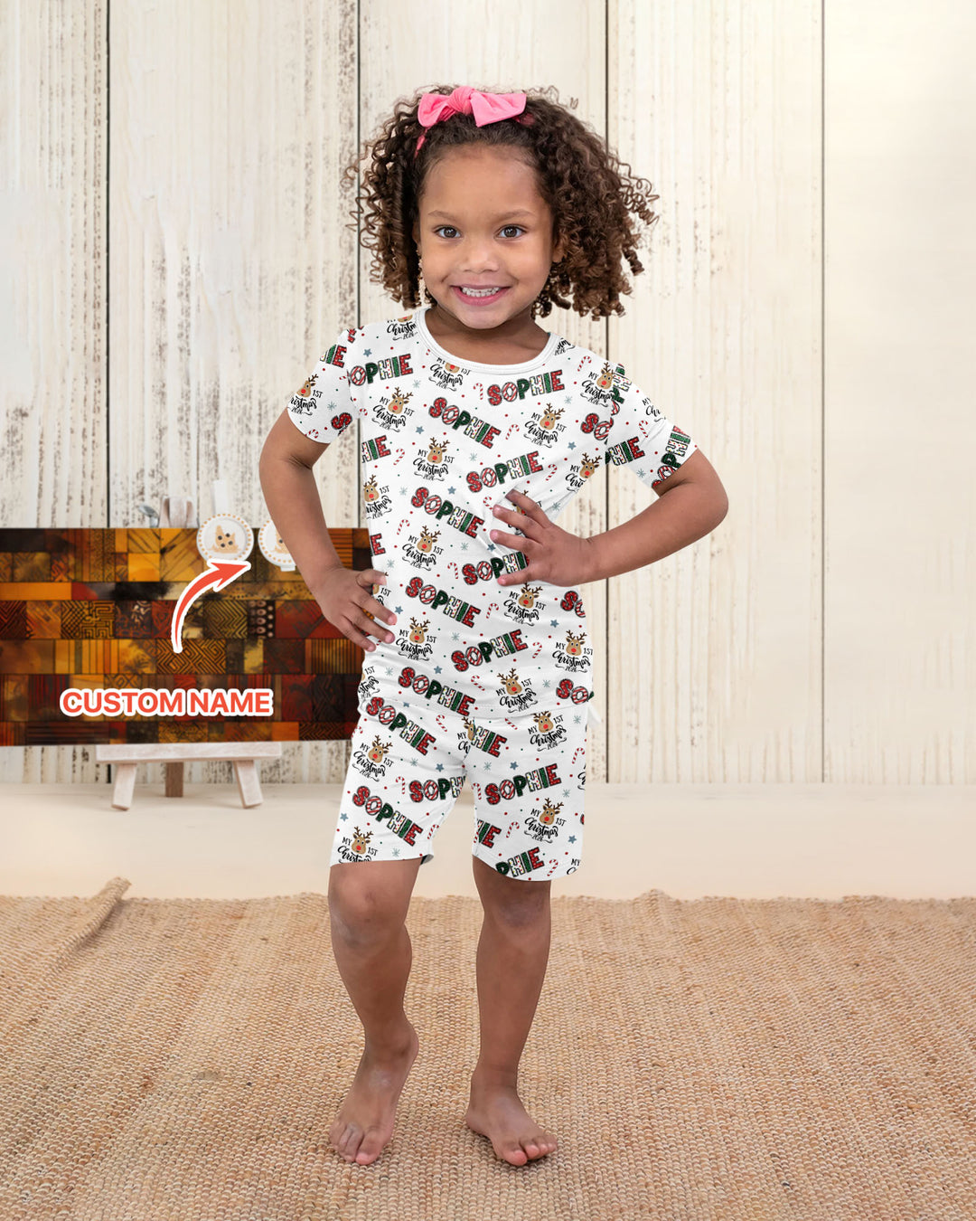 Custom Name My First Christmas 2026 Bamboo Two Piece Short Sleeve Shorts Pajama Set (G)