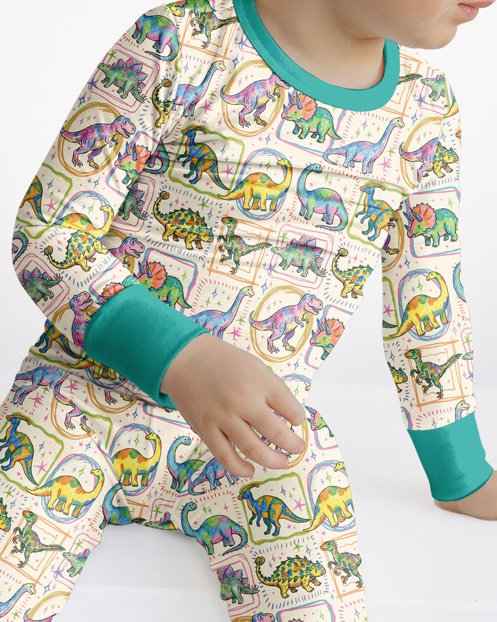 Colorful Dino Sketchbook Bamboo Two Piece Long Sleeve Pajama Set