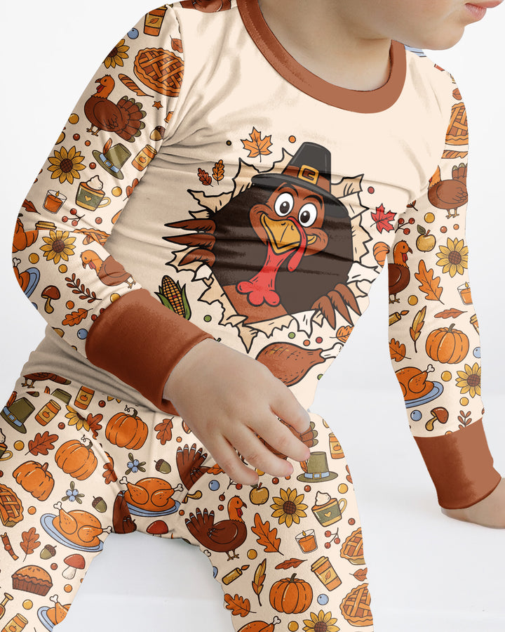 Funny Turkey on Thanksgiving Bamboo Two Piece Long Sleeve Pajama Set