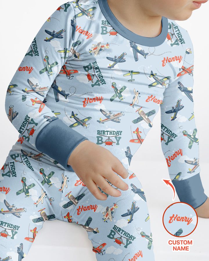 Personalized Airplane Birthday Boy Bamboo Two Piece Long Sleeve Pajama Set