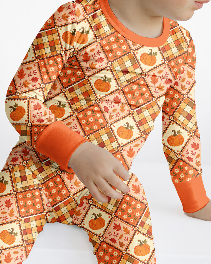 Fall Vintage Patchwork Bamboo Two Piece Long Sleeve Pajama Set